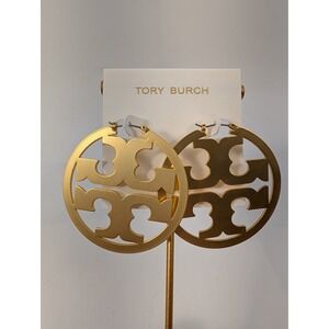 Tory Burch Miller Large Hoop Earrings Matte Gold Tone Cut Out Round Circle - NEW